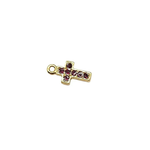 Red Rhinestone Gold Tone Mini Crucifix Cross Charm Pendant - Picture 2 of 4